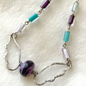 Handmade Sterling Bat‎ Wing Necklace Lampwork Beaded Chain Purple Turquoise